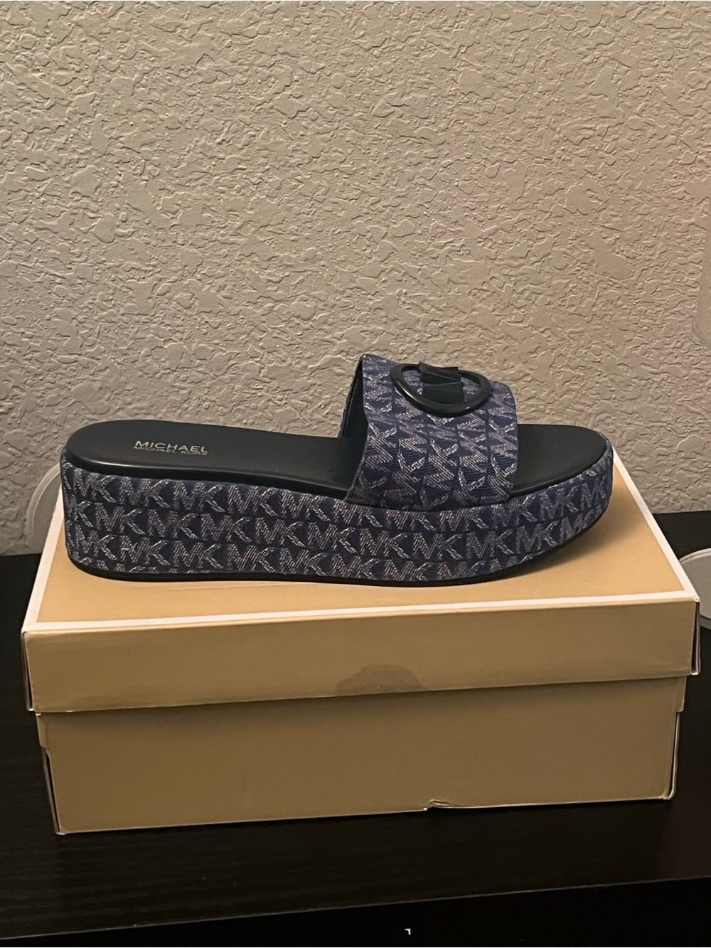 Michael Kors Navy MK Monogram Platform Slide Sandal